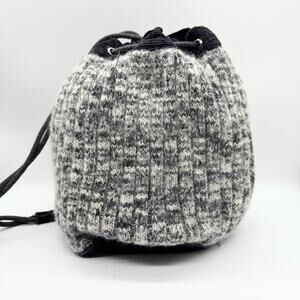 Y2K Artsy Boho Hippie Knit Wool Drawstring Backpack Bag Grey/Black - Medium